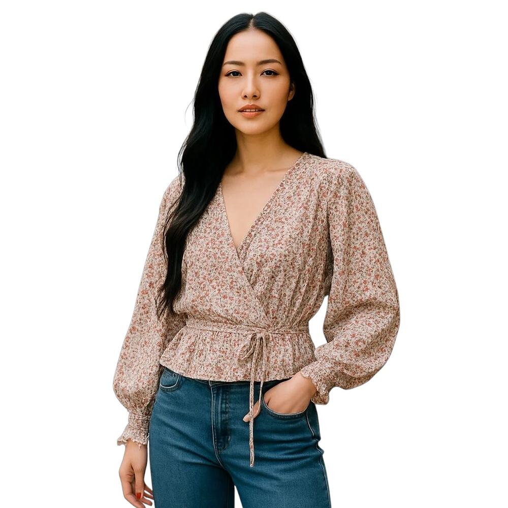 Zara Floral ‎ Long Sleeve Wrap Top Smock Shoulder & Wrist Women's Size Medium